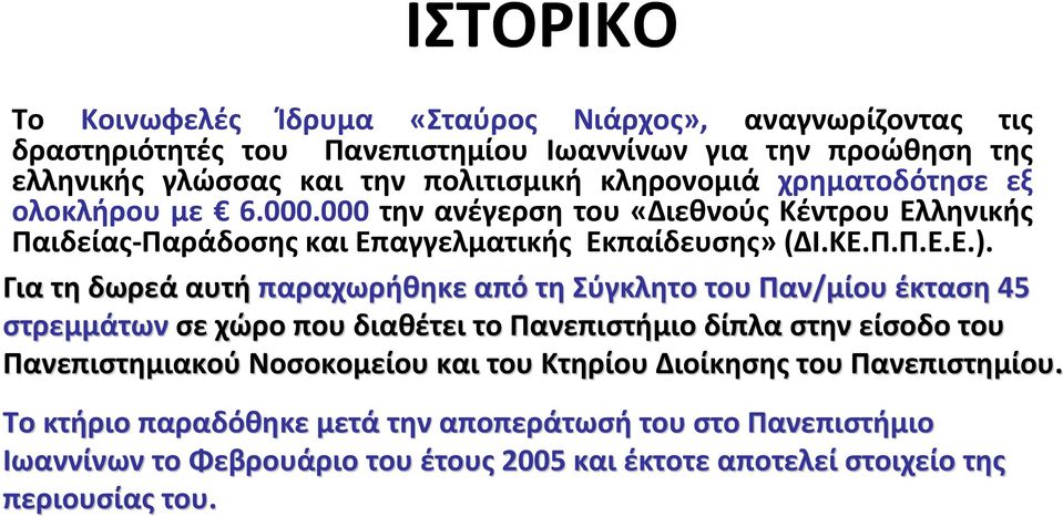 Για τη δωρεά αυτή παραχωρήθηκε από τη Σύγκλητο του Παν/μίου έκταση 45 στρεμμάτων σε χώρο που διαθέτει το Πανεπιστήμιο δίπλα στην είσοδο του Πανεπιστημιακού Νοσοκομείου και