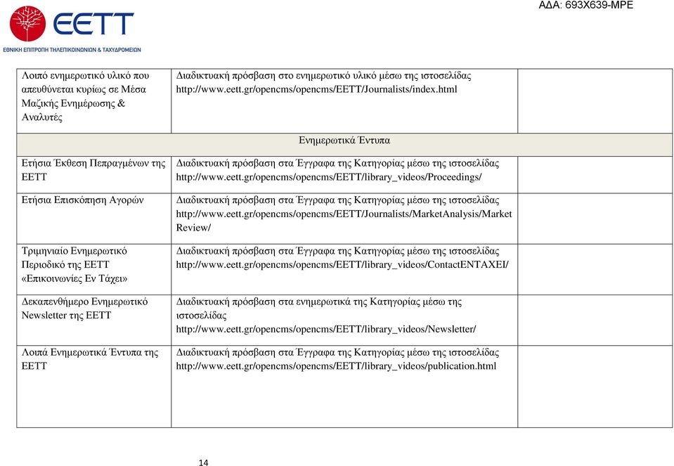 html Ενημερωτικά Έντυπα Ετήσια Έκθεση Πεπραγμένων της ΕΕΤΤ Ετήσια Επισκόπηση Αγορών Τριμηνιαίο Ενημερωτικό Περιοδικό της ΕΕΤΤ «Επικοινωνίες Εν Τάχει» Δεκαπενθήμερο Ενημερωτικό Newsletter της ΕΕΤΤ