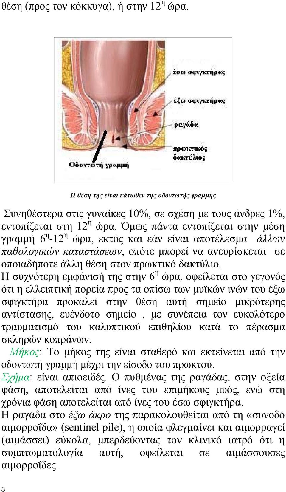 Η συχνότερη εμφάνισή της στην 6 η ώρα, οφείλεται στο γεγονός ότι η ελλειπτική πορεία προς τα οπίσω των μυϊκών ινών του έξω σφιγκτήρα προκαλεί στην θέση αυτή σημείο μικρότερης αντίστασης, ευένδοτο