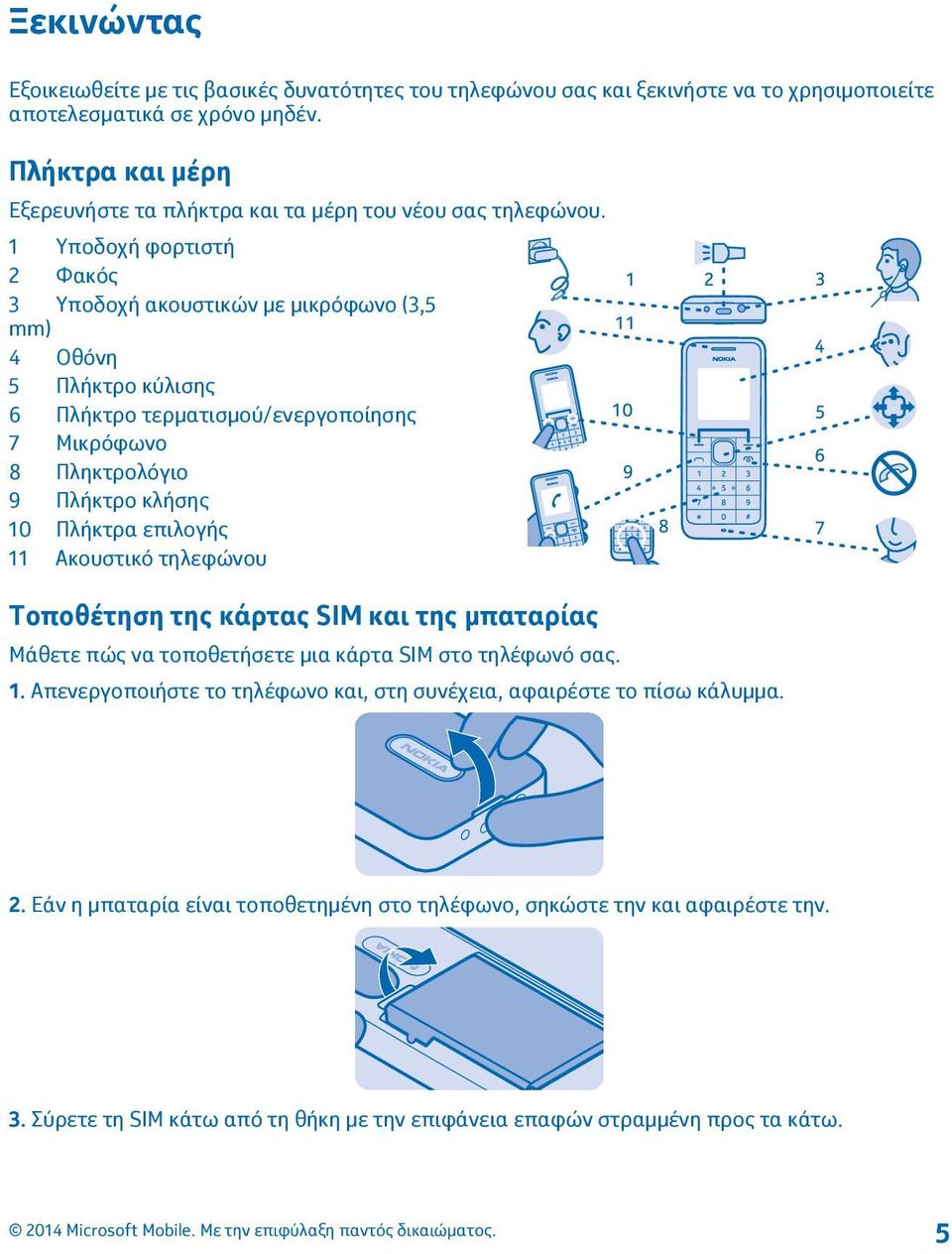 1 Υποδοχή φορτιστή 2 Φακός 3 Υποδοχή ακουστικών με μικρόφωνο (3,5 mm) 4 Οθόνη 5 Πλήκτρο κύλισης 6 Πλήκτρο τερματισμού/ενεργοποίησης 7 Μικρόφωνο 8 Πληκτρολόγιο 9 Πλήκτρο κλήσης 10 Πλήκτρα