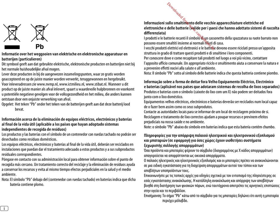 Lever deze producten in bij de aangewezen inzamelingspunten, waar ze gratis worden geaccepteerd en op de juiste manier worden verwerkt, teruggewonnen en hergebruikt. Voor inleveradressen zie www.nvmp.