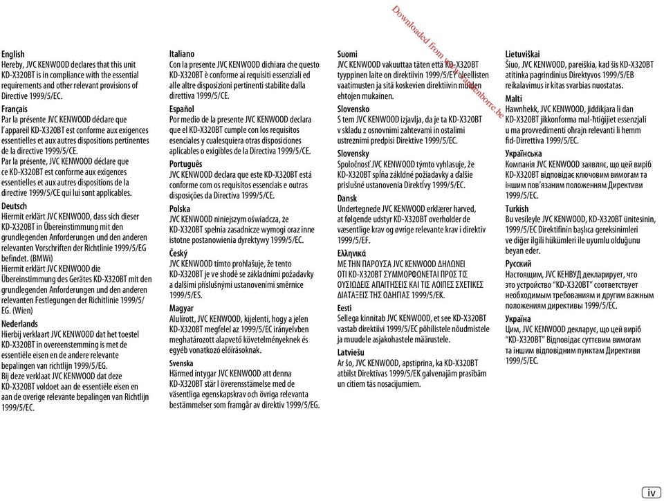 Par la présente, JVC KENWOOD déclare que ce KD-X320BT est conforme aux exigences essentielles et aux autres dispositions de la directive 1999/5/CE qui lui sont applicables.