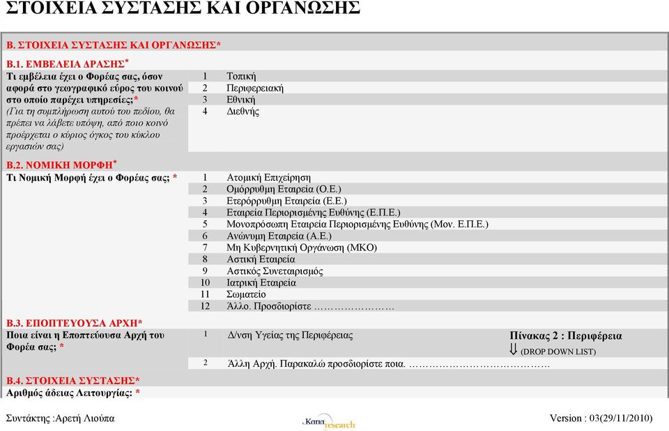 προέρχεται ο κύριος όγκος του κύκλου εργασιών σας) Β.2. ΝΟΜΙΚΗ ΜΟΡΦΗ* Τι Νομική Μορφή έχει ο Φορέας σας; * Β.3. ΕΠΟΠΤΕΥΟΥΣΑ ΑΡΧΗ* Ποια είναι η Εποπτεύουσα Αρχή του Φορέα σας; * Β.4.
