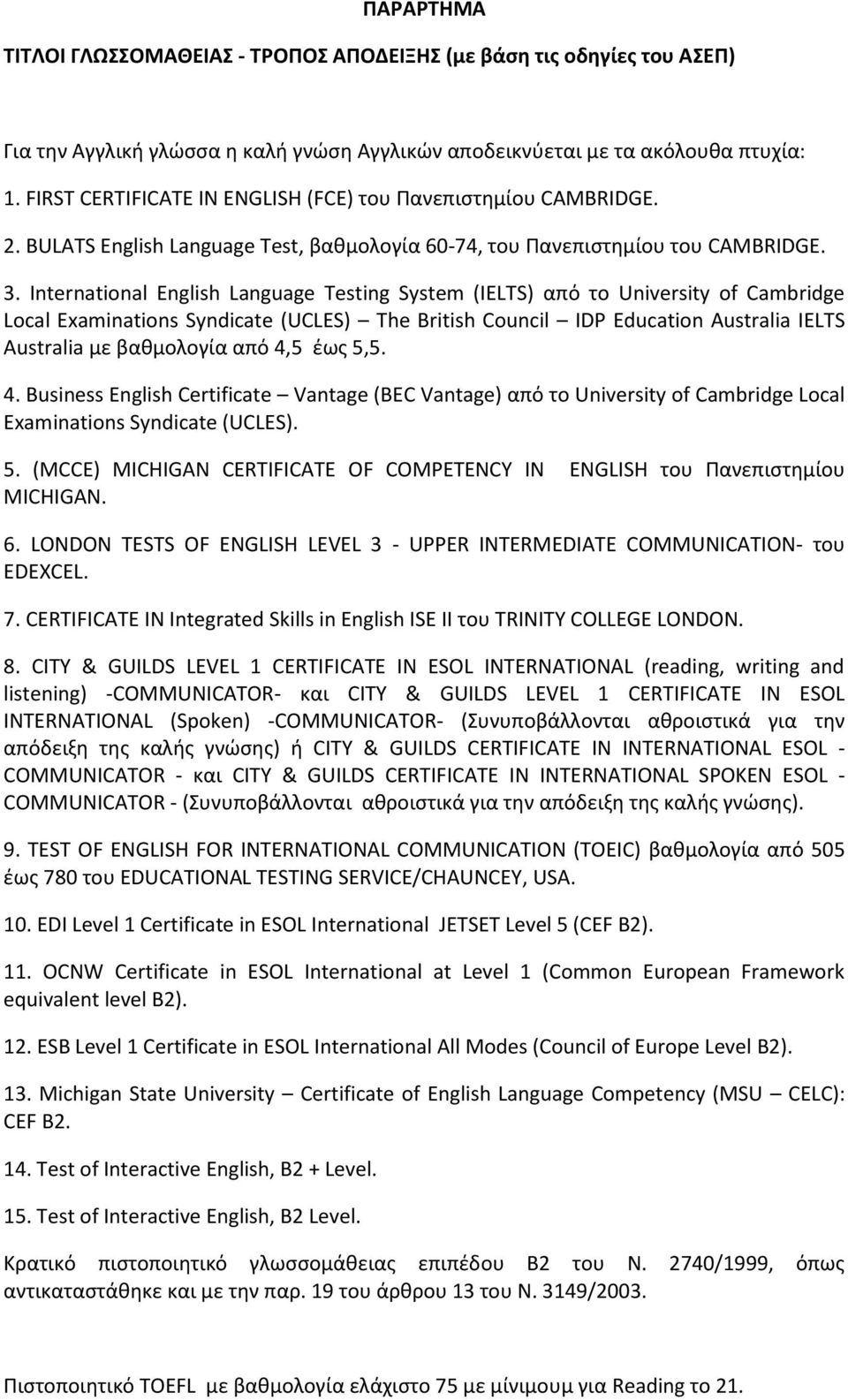 International English Language Testing System (IELTS) από το University of Cambridge Local Examinations Syndicate (UCLES) The British Council IDP Education Australia IELTS Australia με βαθμολογία από