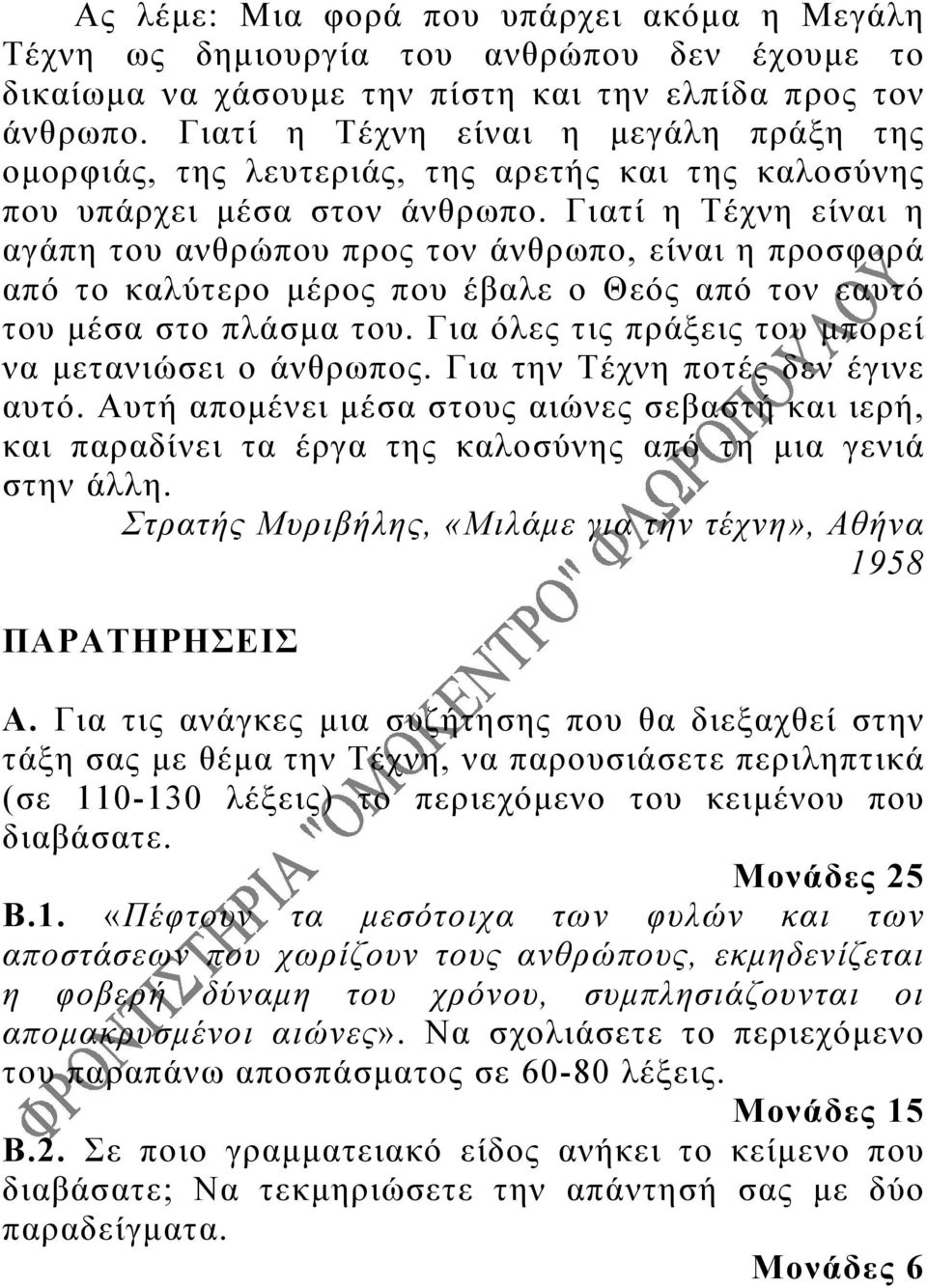 Γιατί η Τέχνη είναι η αγάπη του ανθρώπου προς τον άνθρωπο, είναι η προσφορά από το καλύτερο μέρος που έβαλε ο Θεός από τον εαυτό του μέσα στο πλάσμα του.