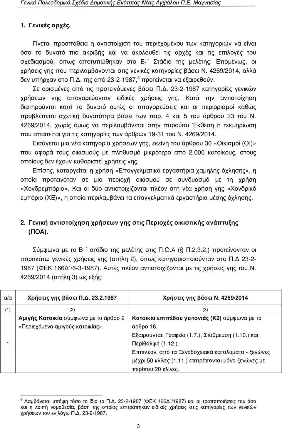 µελέτης. Εποµένως, οι χρήσεις γης που περιλαµβάνονται στις γενικές κατηγορίες βάσει Ν. 4269/2014, αλλά δεν υπήρχαν στο Π.. της από 23-2-1987, 2 προτείνεται να εξαιρεθούν.