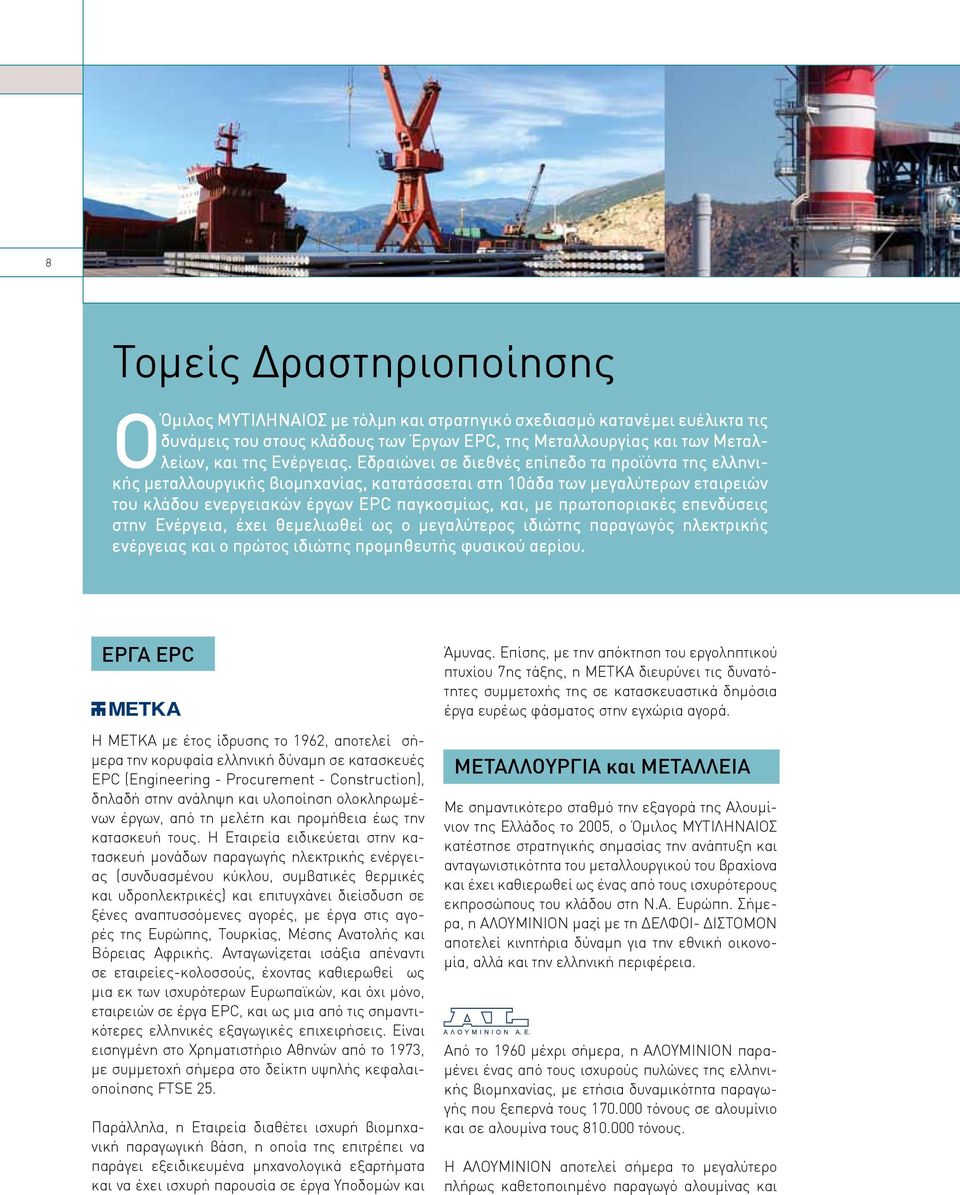 Εδραιώνει σε διεθνές επίπεδο τα προϊόντα της ελληνικής μεταλλουργικής βιομηχανίας, κατατάσσεται στη 10άδα των μεγαλύτερων εταιρειών του κλάδου ενεργειακών έργων EPC παγκοσμίως, και, με πρωτοποριακές