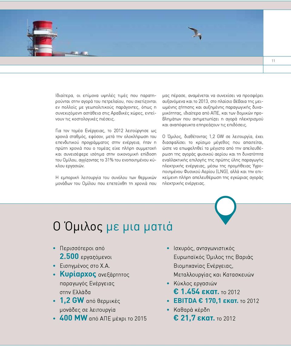 Για τον τομέα Ενέργειας, το 2012 λειτούργησε ως χρονιά σταθμός, εφόσον, μετά την ολοκλήρωση του επενδυτικού προγράμματος στην ενέργεια, ήταν η πρώτη χρονιά που ο τομέας είχε πλήρη συμμετοχή και
