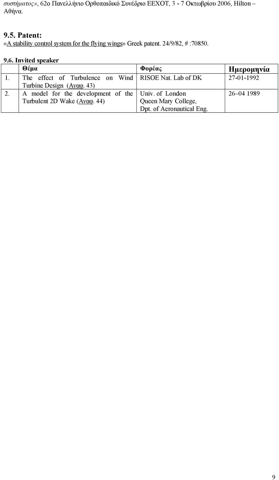 Invited speaker Θέμα Φορέας Ημερομηνία 1. The effect of Turbulence on Wind RISOE Nat.