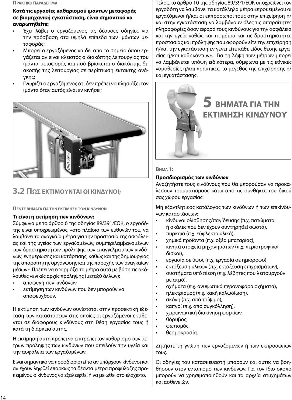 λειτουργίας σε περίπτωση έκτακτης ανάγκης; Γνωρίζει ο εργαζόμενος ότι δεν πρέπει να πλησιάζει τον ιμάντα όταν αυτός είναι εν κινήσει; Τέλος, το άρθρο 10 της οδηγίας 89/391/ΕΟΚ υποχρεώνει τον εργοδότη