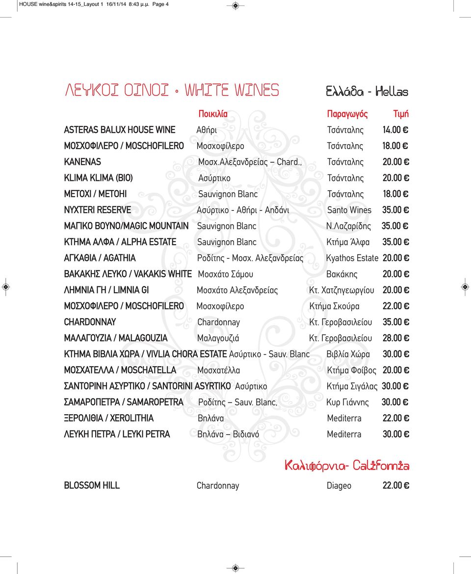 00 ΝΥXTERI RESERVE Ασύρτικο - Αθήρι - Αηδάνι Santo Wines 35.00 ΜΑΓΙΚΟ ΒΟΥΝΟ/MAGIC MOUNTAIN Sauvignon Blanc Ν.Λαζαρίδης 35.00 ΚΤΗΜΑ ΑΛΦΑ / ALPHA ESTATE Sauvignon Blanc Κτήμα Άλφα 35.