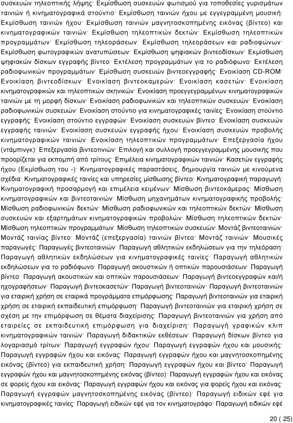 Εκμίσθωση φωτογραφικών ανατυπώσεων Εκμίσθωση ψηφιακών βιντεοδίσκων Εκμίσθωση ψηφιακών δίσκων εγγραφής βίντεο Εκτέλεση προγραμμάτων για το ραδιόφωνο Εκτέλεση ραδιοφωνικών προγραμμάτων Εμίσθωση