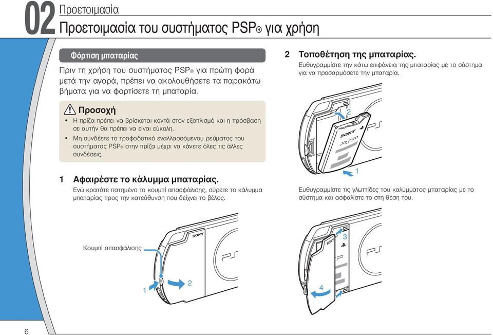 Μη συνδέετε το τροφοδοτικό εναλλασσόμενου ρεύματος του συστήματος PSP στην πρίζα μέχρι να κάνετε όλες τις άλλες συνδέσεις. 1 Αφαιρέστε το κάλυμμα μπαταρίας.