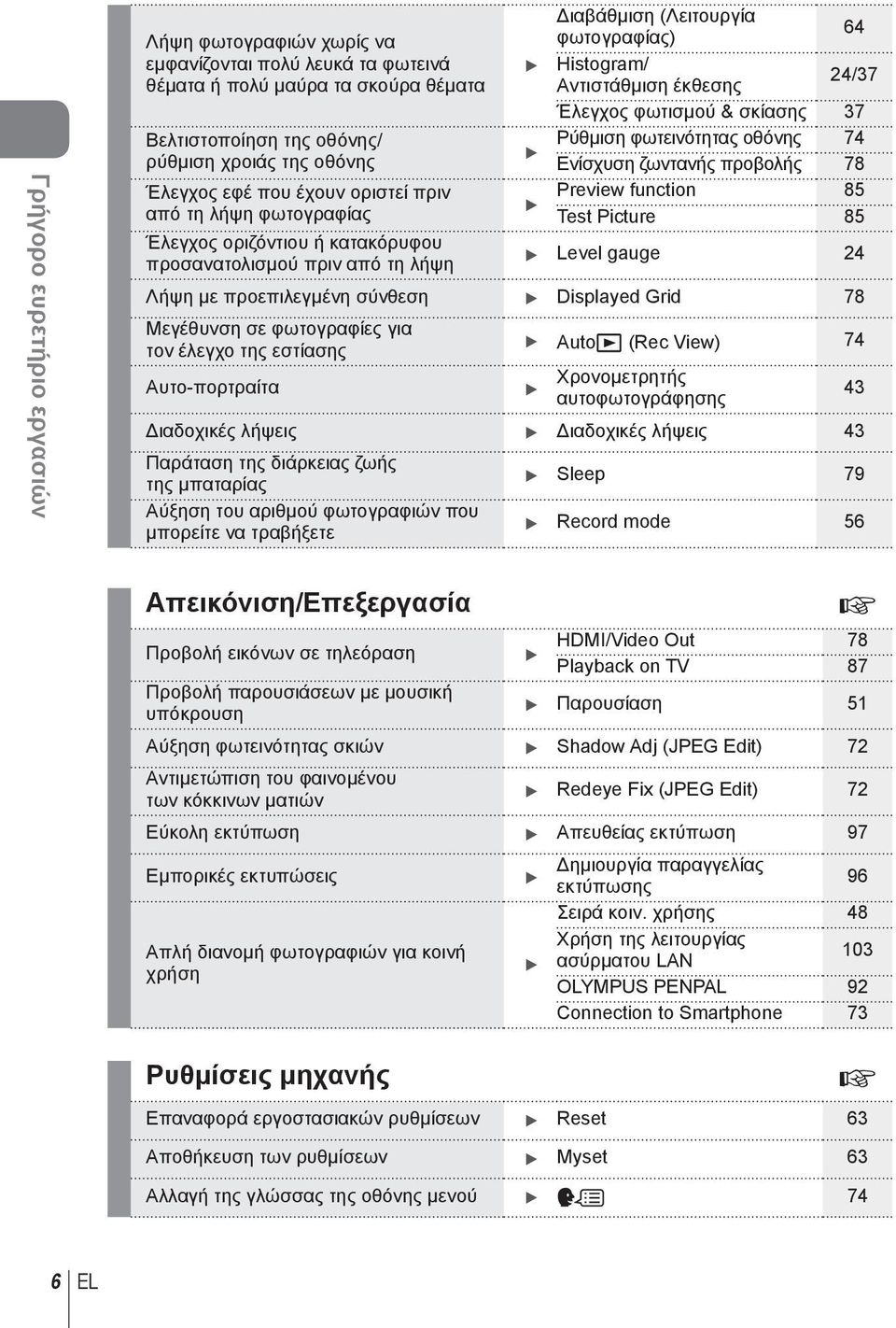 σκίασης 37 Ρύθμιση φωτεινότητας οθόνης 74 Ενίσχυση ζωντανής προβολής 78 Preview function 85 Test Picture 85 Level gauge 4 Λήψη με προεπιλεγμένη σύνθεση Displayed Grid 78 Μεγέθυνση σε φωτογραφίες για