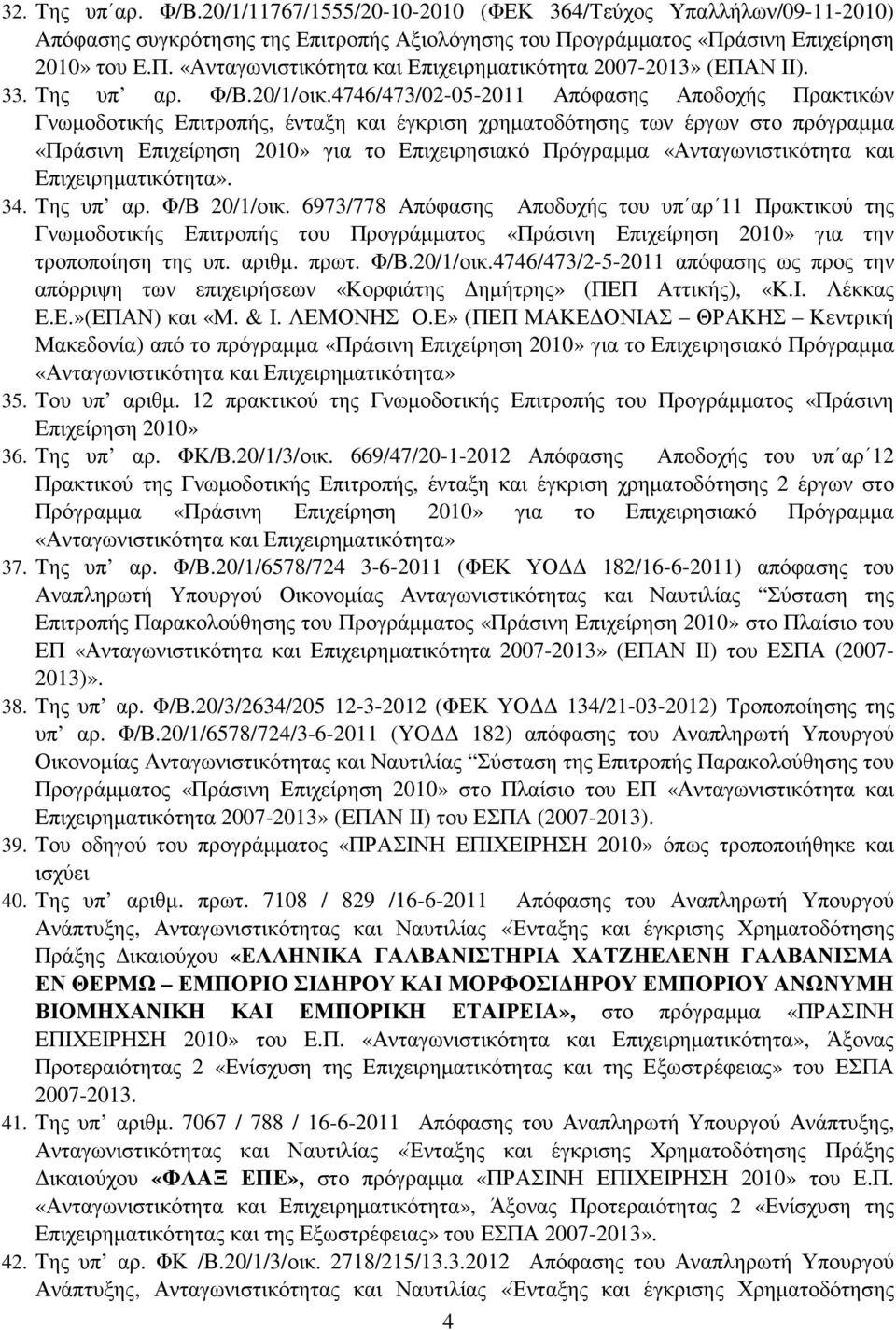4746/473/02-05-2011 Απόφασης Αποδοχής Πρακτικών Γνωµοδοτικής Επιτροπής, ένταξη και έγκριση χρηµατοδότησης των έργων στο πρόγραµµα «Πράσινη Επιχείρηση 2010» για το Επιχειρησιακό Πρόγραµµα
