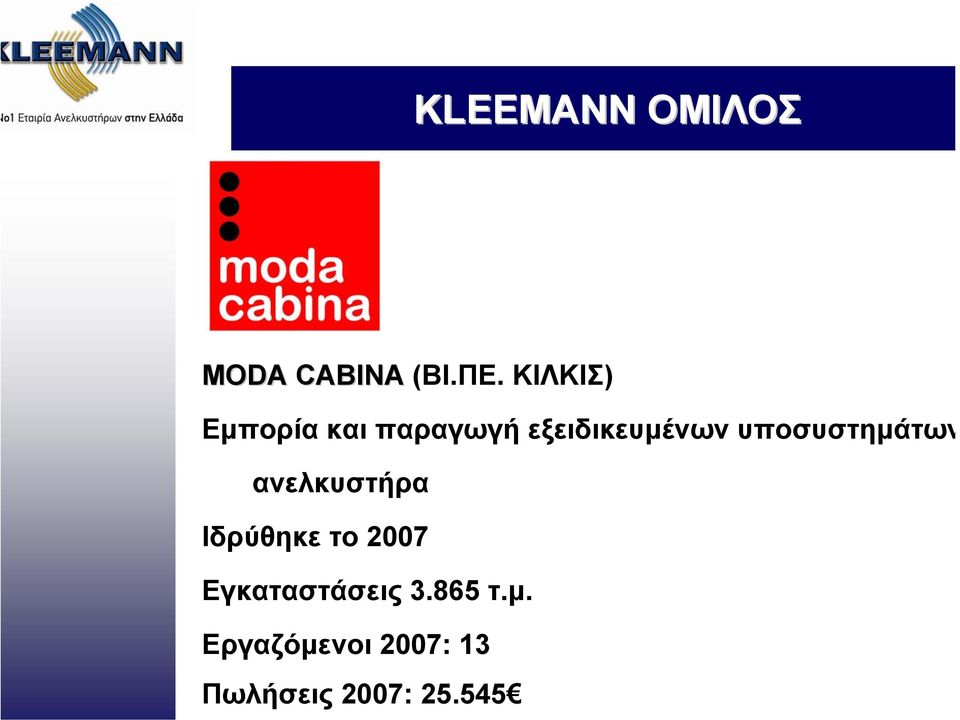 υποσυστηµάτων ανελκυστήρα Ιδρύθηκε το 2007