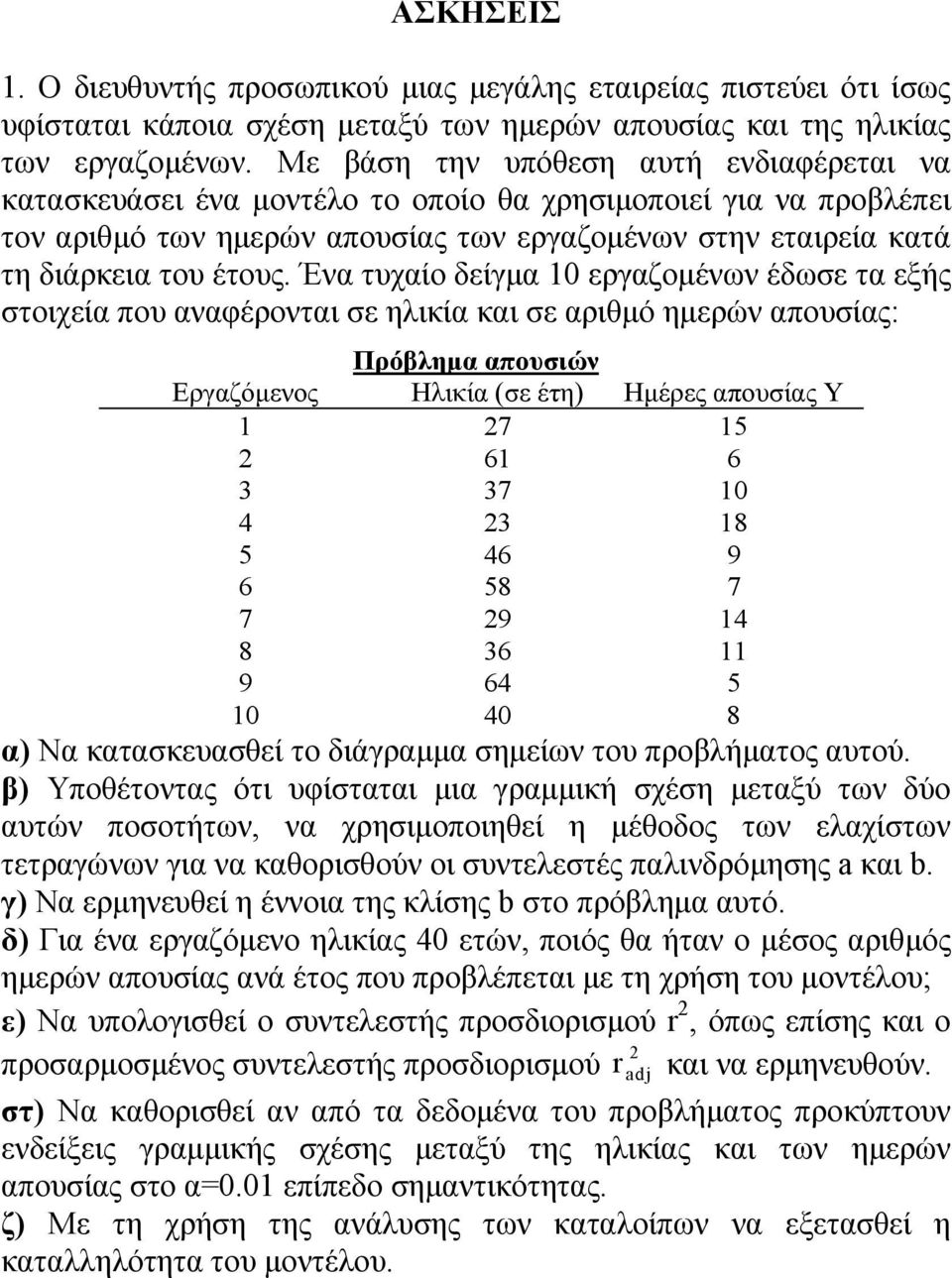 Ένα τυχαίο δείγμα 0 εργαζομένων έδωσε τα εξής στοιχεία που αναφέρονται σε ηλικία και σε αριθμό ημερών απουσίας: Πρόβλημα απουσιών Εργαζόμενος Ηλικία (σε έτη) Ημέρες απουσίας Υ 27 5 2 6 6 3 37 0 4 23