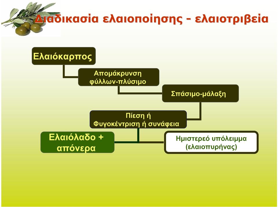 Σπάσιμο-μάλαξη Ελαιόλαδο + απόνερα Πίεση ή