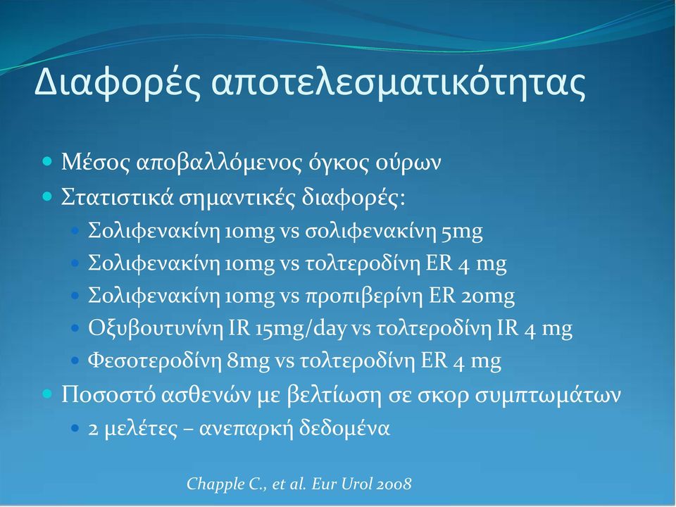 προπιβερίνη ER 20mg Οξυβουτυνίνη IR 15mg/day vs τολτεροδίνη IR 4 mg Φεσοτεροδίνη 8mg vs τολτεροδίνη ER