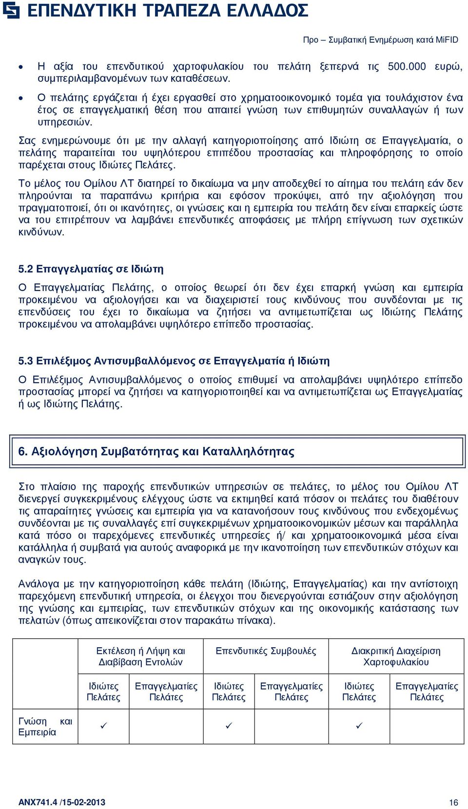 Σας ενηµερώνουµε ότι µε την αλλαγή κατηγοριοποίησης από Ιδιώτη σε Επαγγελµατία, ο πελάτης παραιτείται του υψηλότερου επιπέδου προστασίας και πληροφόρησης το οποίο παρέχεται στους Ιδιώτες Πελάτες.