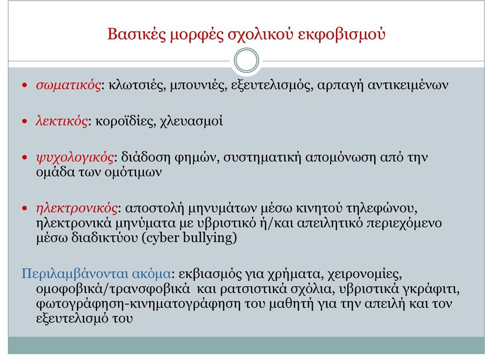 ηλεκτρονικά μηνύματα με υβριστικό ή/και απειλητικό περιεχόμενο μέσω διαδικτύου (cyber bullying) Περιλαμβάνονται ακόμα: εκβιασμός για