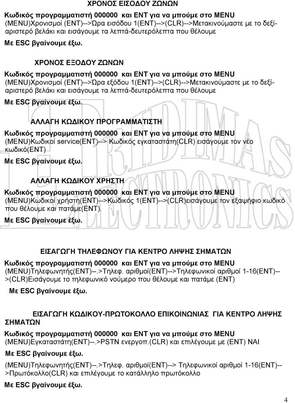 εγκαταστάτη(clr) εισάγουμε τον νέο κωδικό(εντ) ΑΛΛΑΓΗ ΚΩΔΙΚΟΥ ΧΡΗΣΤΗ (MENU)Κωδικοί χρήστη(εντ)-->κωδικός 1(ΕΝΤ)-->(CLR)εισάγουμε τον εξαψήφιο κωδικό που θέλουμε και πατάμε(εντ).