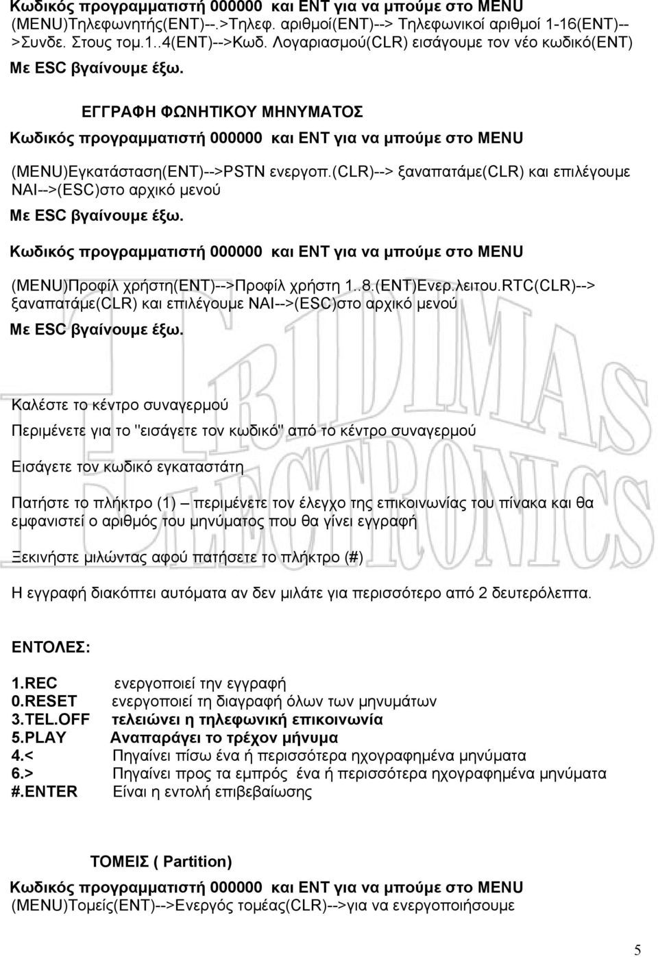 (clr)--> ξαναπατάμε(clr) και επιλέγουμε ΝΑΙ-->(ESC)στο αρχικό μενού (MENU)Προφίλ χρήστη(εντ)-->προφίλ χρήστη 1..8.(ΕΝΤ)Ενερ.λειτου.