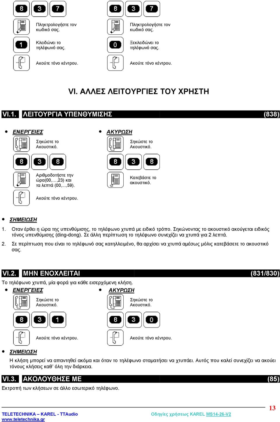 Σηκώνοντας το ακουστικό ακούγεται ειδικός τόνος υπενθύμισης (ding-dong). Σε άλλη περίπτωση το τηλέφωνο συνεχίζει να χτυπά για 2 