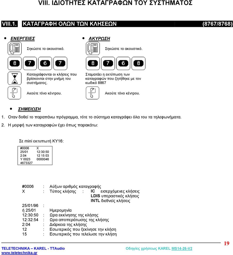 Η μορφή των καταγραφών έχει όπως παρακάτω: Σε mini εκτυπωτή ΚΥ16: #0006 X 25/01 12:30:50 2:04 12 15 03 Y 0023 0000046 4673327 #0006 : Αύξων αριθμός καταγραφής X : Τύπος κλήσης : IC εισερχόμενες