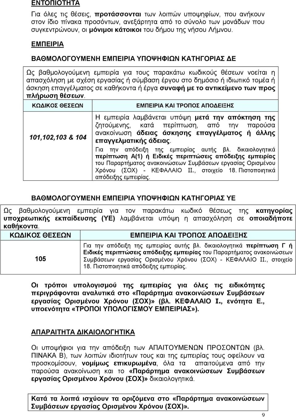 ΕΜΠΕΙΡΙΑ ΒΑΘΜΟΛΟΓΟΥΜΕΝΗ ΕΜΠΕΙΡΙΑ ΥΠΟΨΗΦΙΩΝ ΚΑΤΗΓΟΡΙΑΣ ΔΕ Ως βαθμολογούμενη εμπειρία για τους παρακάτω κωδικούς θέσεων νοείται η απασχόληση με σχέση εργασίας ή σύμβαση έργου στο δημόσιο ή ιδιωτικό