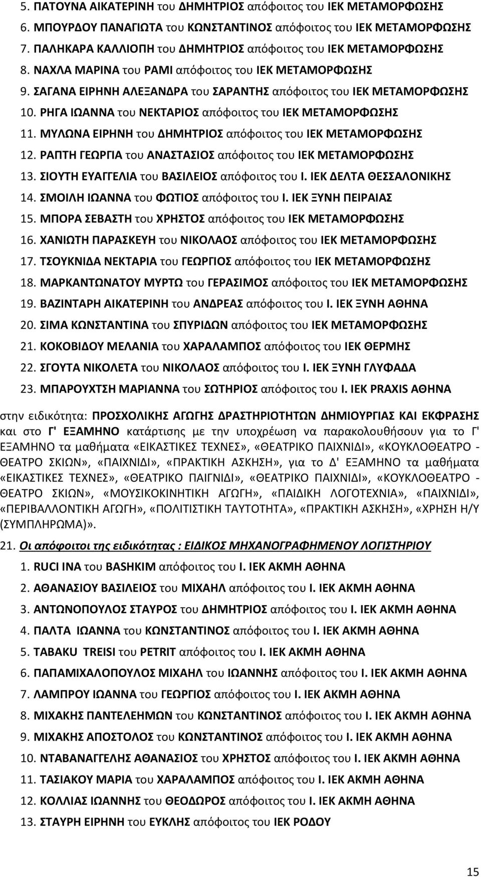 ΜΤΛΩΝΑ ΕΙΡΗΝΗ του ΔΗΜΗΣΡΙΟ απόφοιτοσ του IEK ΜΕΣΑΜΟΡΦΩΗ 12. ΡΑΠΣΗ ΓΕΩΡΓΙΑ του ΑΝΑΣΑΙΟ απόφοιτοσ του IEK ΜΕΣΑΜΟΡΦΩΗ 13. ΙΟΤΣΗ ΕΤΑΓΓΕΛΙΑ του ΒΑΙΛΕΙΟ απόφοιτοσ του Ι. IEK ΔΕΛΣΑ 14.