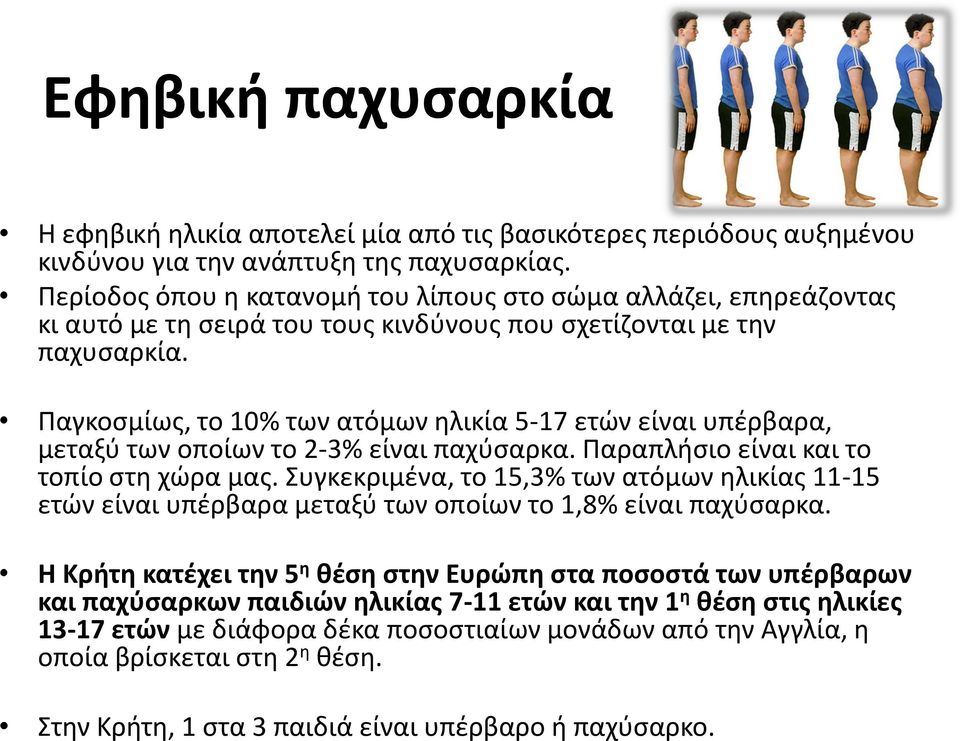 Παγκοσμίως, το 10% των ατόμων ηλικία 5-17 ετών είναι υπέρβαρα, μεταξύ των οποίων το 2-3% είναι παχύσαρκα. Παραπλήσιο είναι και το τοπίο στη χώρα μας.