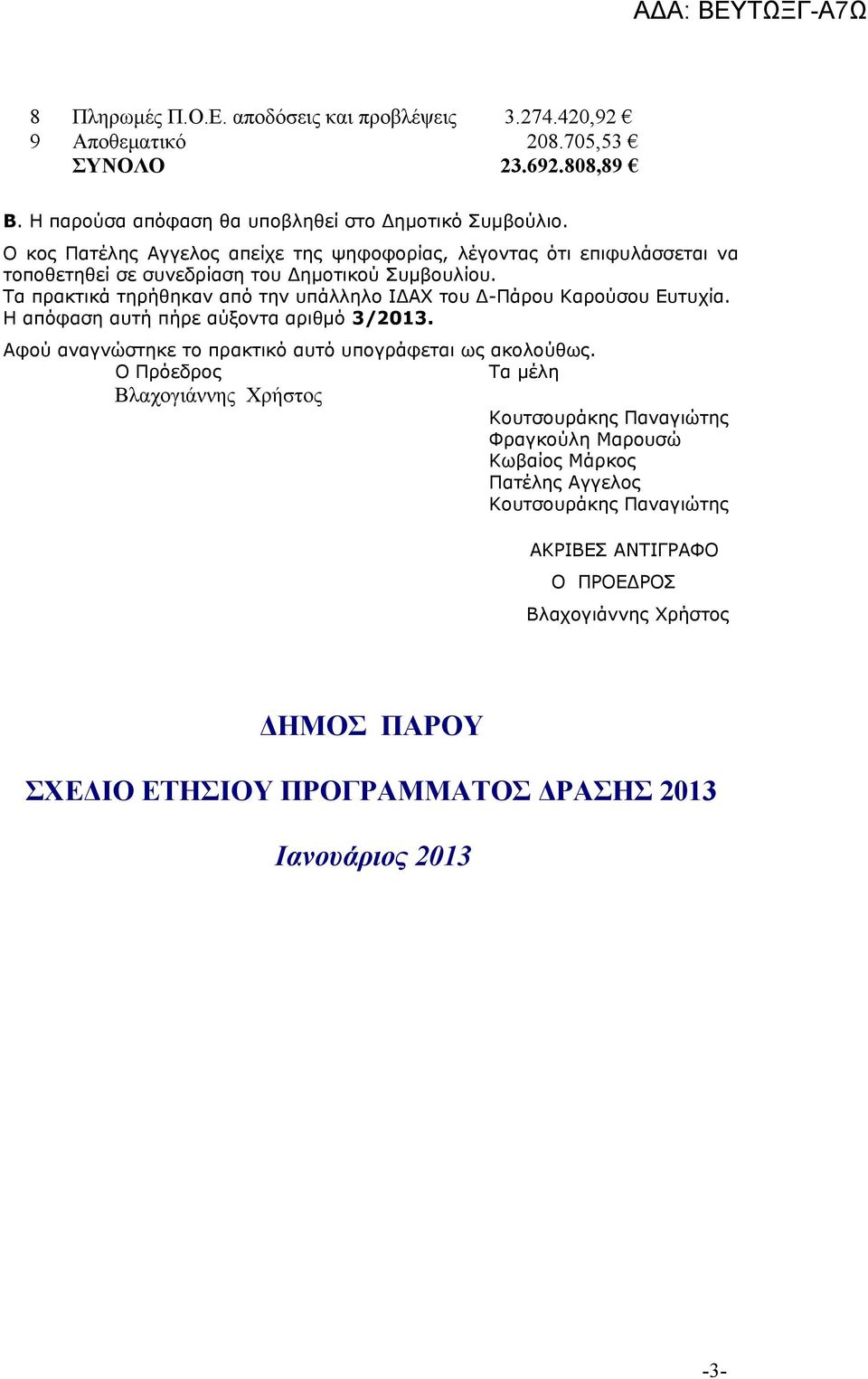 Τα πρακτικά τηρήθηκαν από την υπάλληλο ΙΔΑΧ του Δ-Πάρου Καρούσου Ευτυχία. Η απόφαση αυτή πήρε αύξοντα αριθμό 3/2013. Αφού αναγνώστηκε το πρακτικό αυτό υπογράφεται ως ακολούθως.