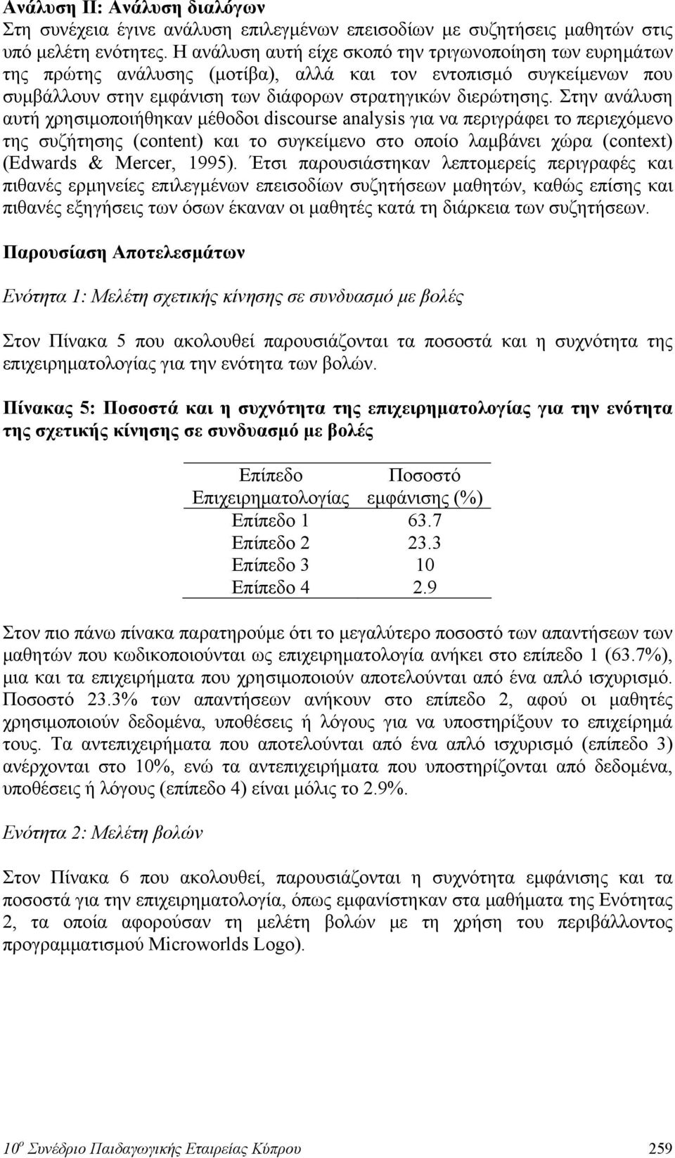 Στην ανάλυση αυτή χρησιμοποιήθηκαν μέθοδοι discourse analysis για να περιγράφει το περιεχόμενο της συζήτησης (content) και το συγκείμενο στο οποίο λαμβάνει χώρα (context) (Edwards & Mercer, 1995).
