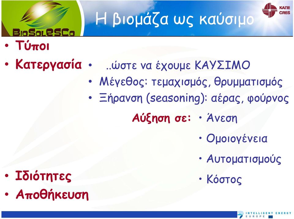 θρυμματισμός Ξήρανση (seasoning): αέρας, φούρνος