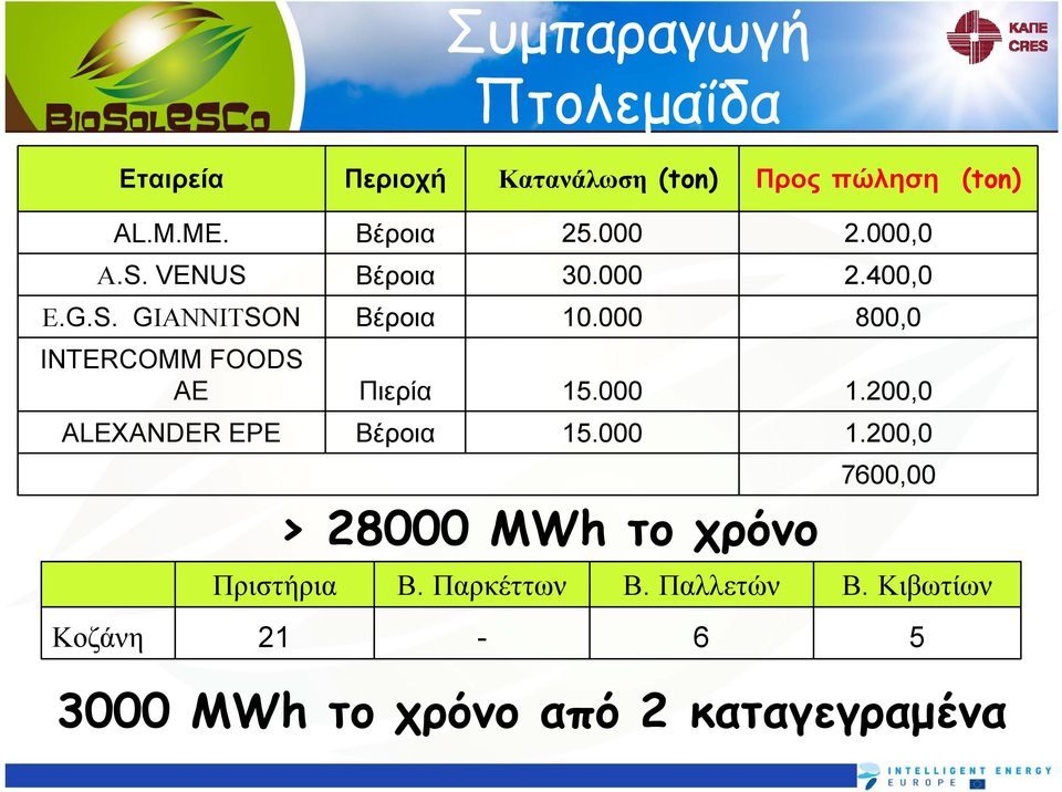 Παρκέττων - 25.000 30.000 10.000 15.000 15.000 > 28000 MWh το χρόνο Β. Παλλετών 6 2.000,0 2.