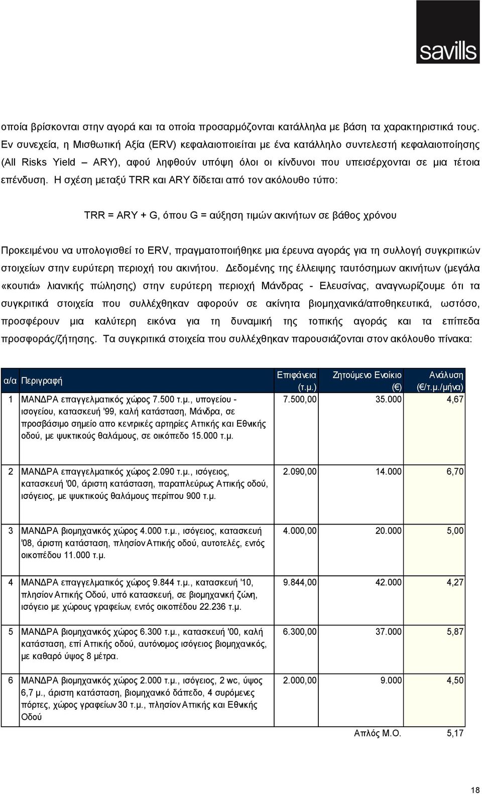 Η σχέση μεταξύ TRR και ARY δίδεται από τον ακόλουθο τύπο: TRR = ARY + G, όπου G = αύξηση τιμών ακινήτων σε βάθος χρόνου Προκειμένου να υπολογισθεί το ERV, πραγματοποιήθηκε μια έρευνα αγοράς για τη