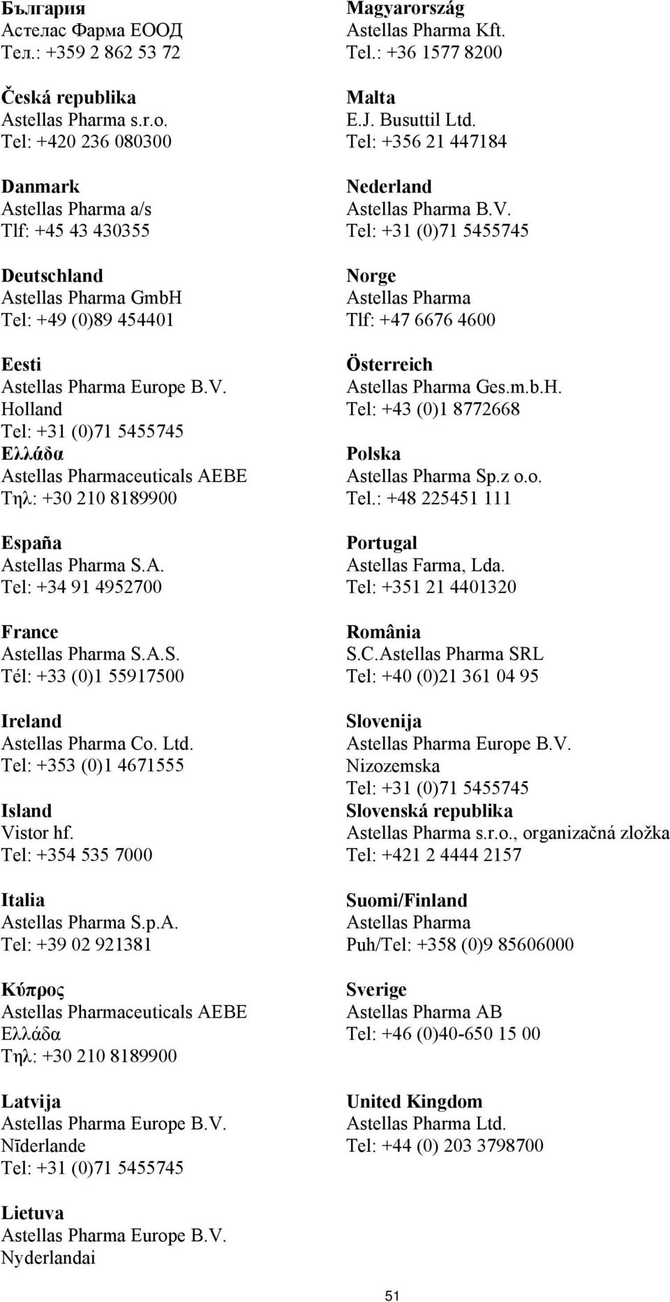 Tηλ: +30 210 8189900 España Astellas Pharma S.A. Tel: +34 91 4952700 France Astellas Pharma S.A.S. Tél: +33 (0)1 55917500 Ireland Astellas Pharma Co. Ltd. Tel: +353 (0)1 4671555 Island Vistor hf.
