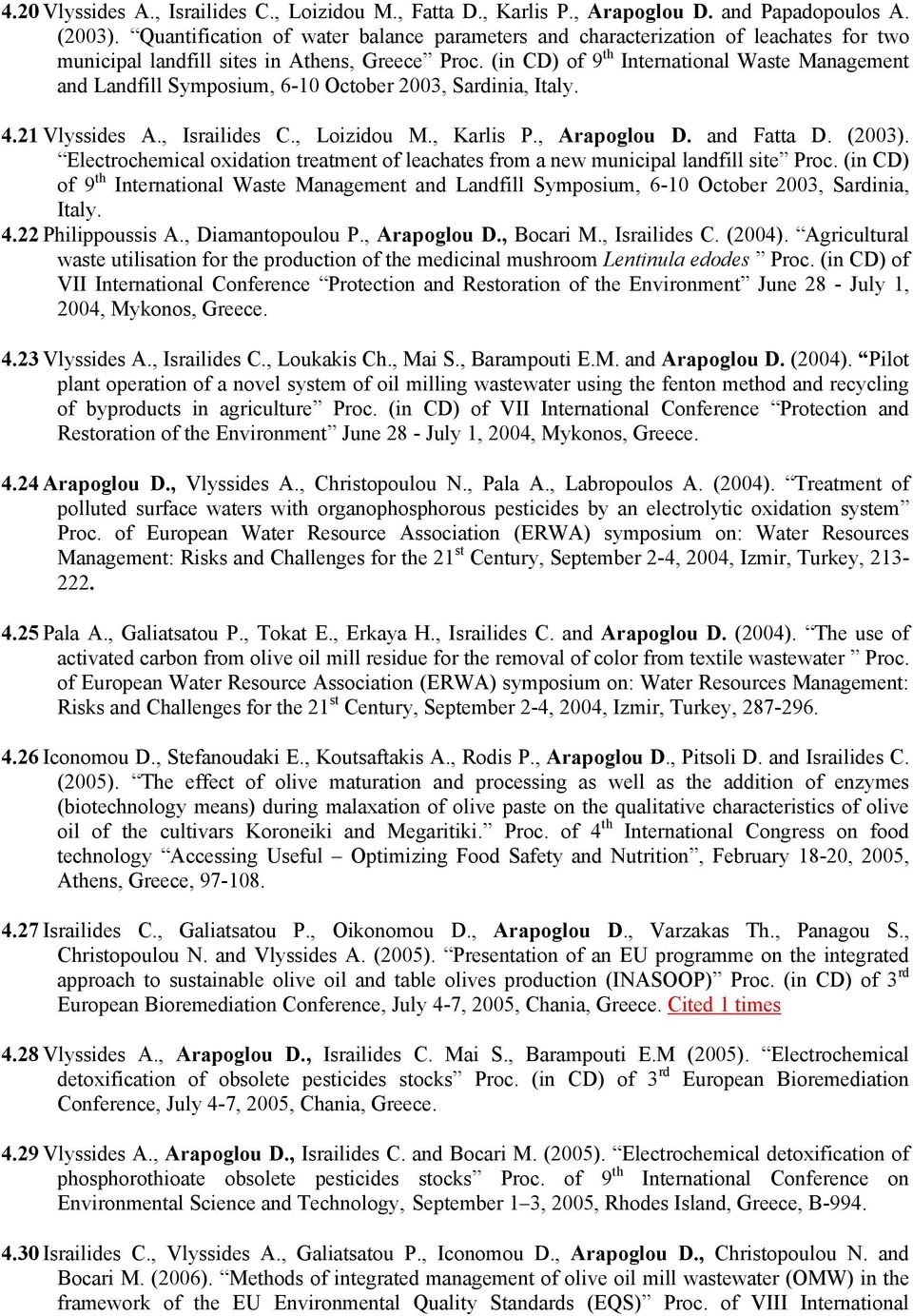 (in CD) of 9 th International Waste Management and Landfill Symposium, 6-10 October 2003, Sardinia, Italy. 4.21 Vlyssides A., Israilides C., Loizidou M., Karlis P., Arapoglou D. and Fatta D. (2003).