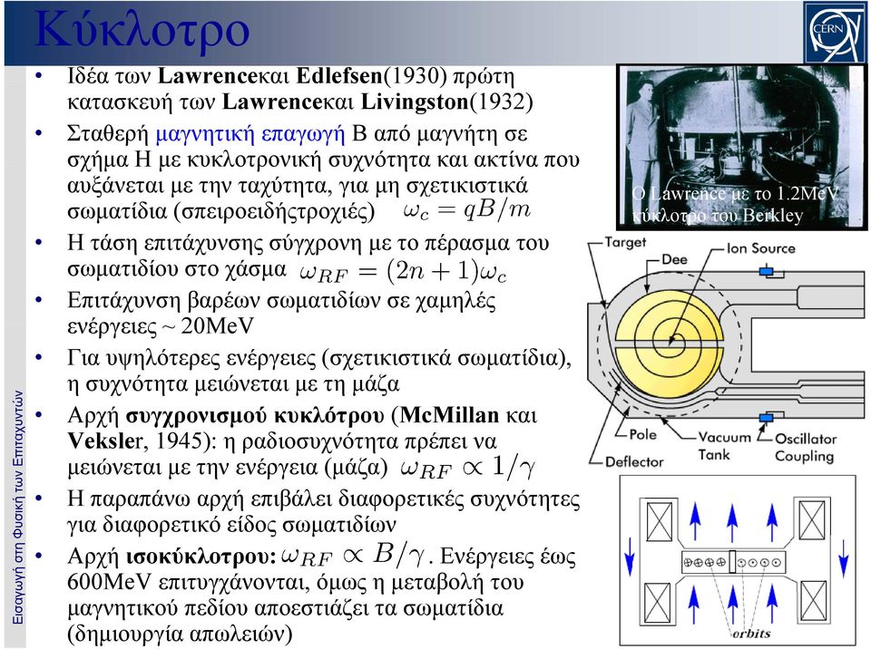 σε χαμηλές ενέργειες ~ 20MeV Για υψηλότερες ενέργειες (σχετικιστικά σωματίδια), η συχνότητα μειώνεται με τη μάζα Αρχή συγχρονισμού κυκλότρου (McMillan και Veksler, 1945): η ραδιοσυχνότητα πρέπει να