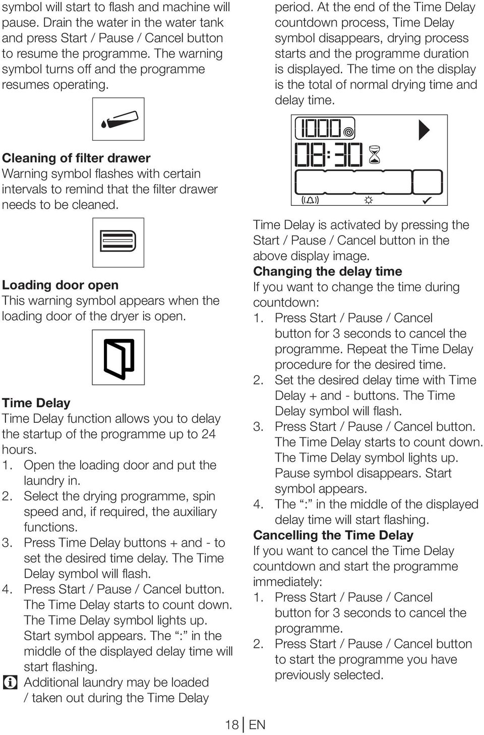 At the end of the Time Delay countdown process, Time Delay symbol disappears, drying process starts and the programme duration is displayed.