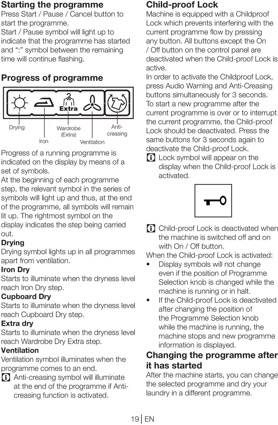 Progress of programme Drying Iron Wardrobe Anticreasing (Extra) Ventilation Progress of a running programme is indicated on the display by means of a set of symbols.