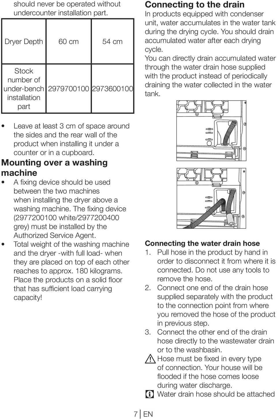 counter or in a cupboard. Mounting over a washing machine A fixing device should be used between the two machines when installing the dryer above a washing machine.