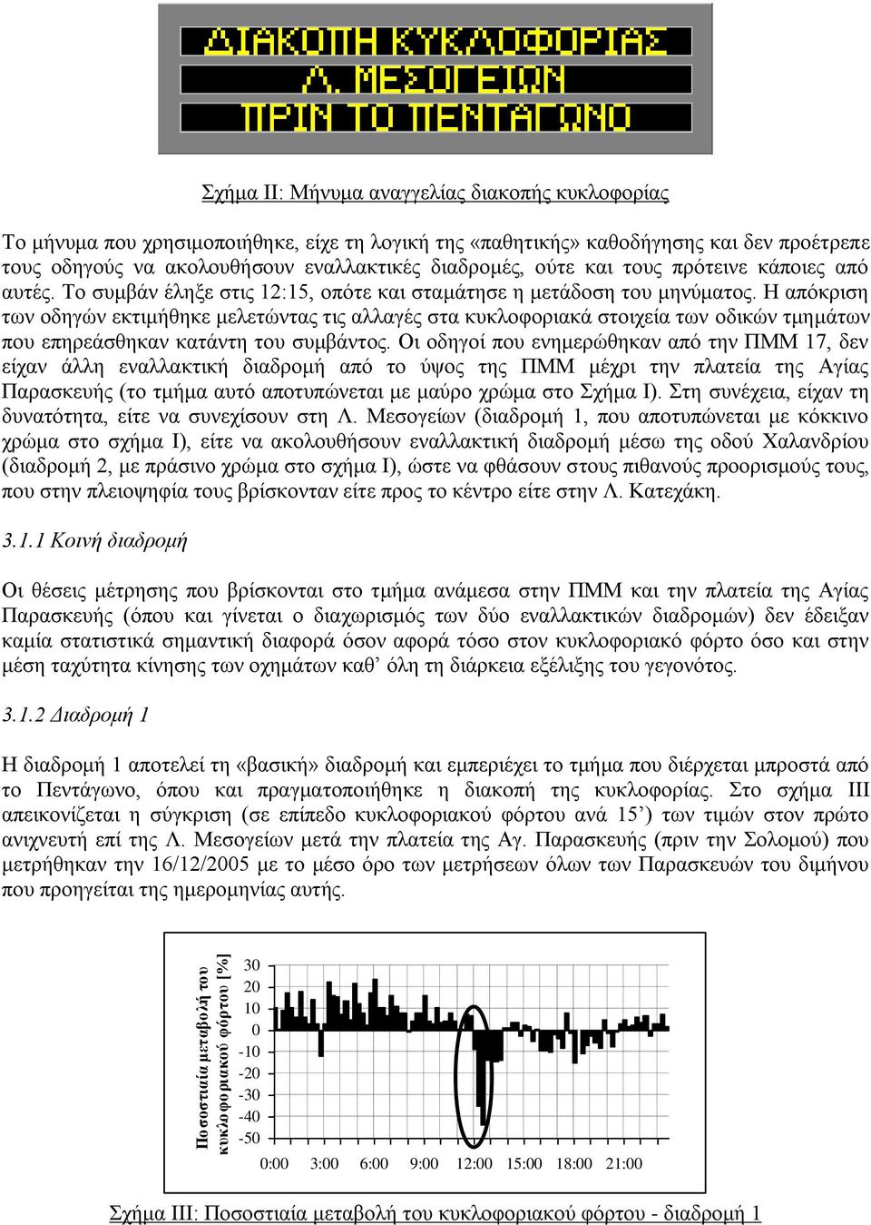 Η απόκριση των οδηγών εκτιμήθηκε μελετώντας τις αλλαγές στα κυκλοφοριακά στοιχεία των οδικών τμημάτων που επηρεάσθηκαν κατάντη του συμβάντος.