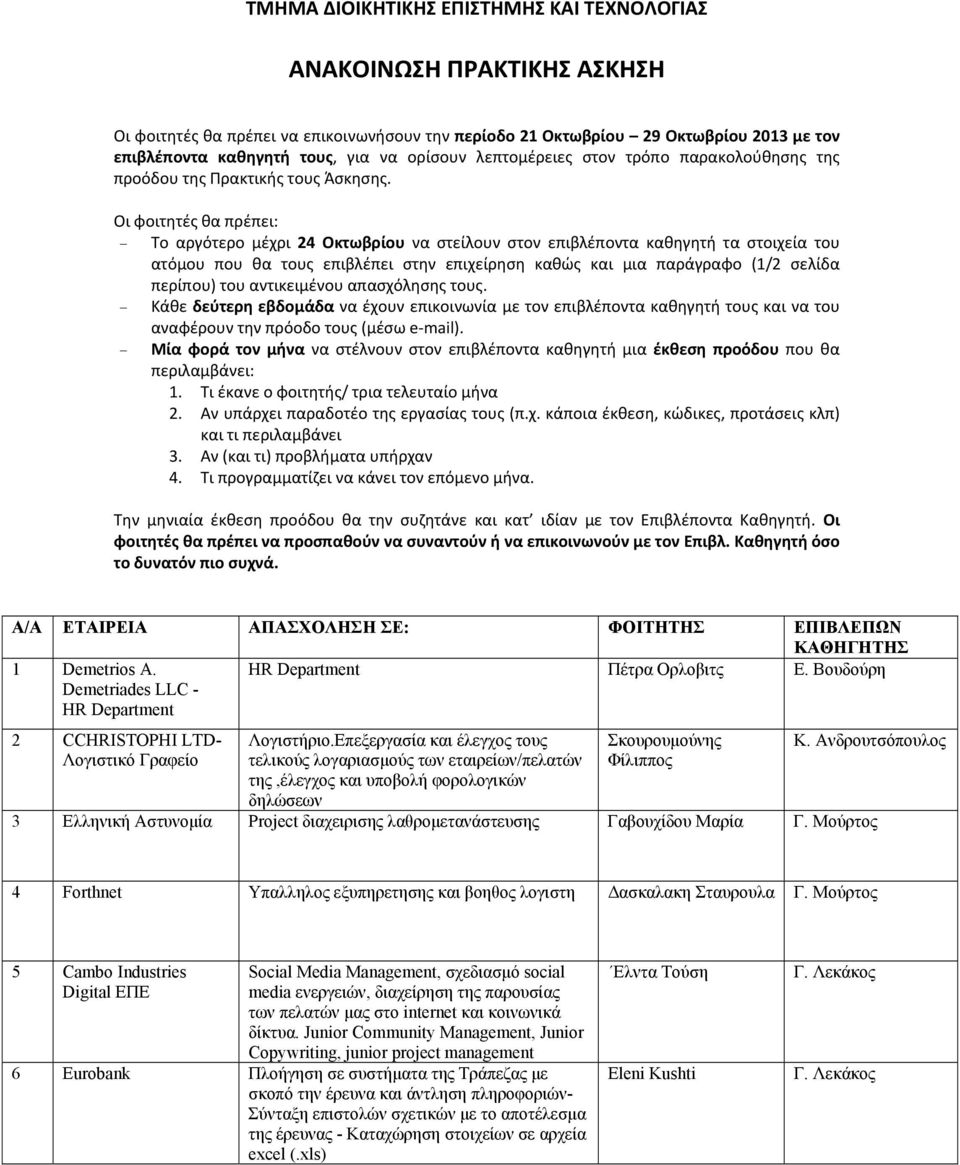 Οι φοιτητές θα πρέπει: Το αργότερο μέχρι 24 Οκτωβρίου να στείλουν στον επιβλέποντα καθηγητή τα στοιχεία του ατόμου που θα τους επιβλέπει στην επιχείρηση καθώς και μια παράγραφο (1/2 σελίδα περίπου)