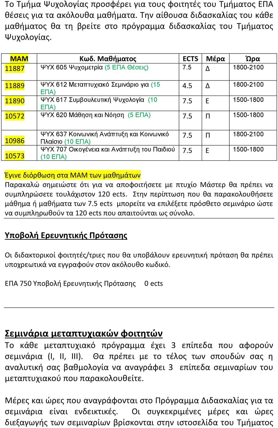 5 Δ 1800-2100 11889 ΨΥΧ 612 Μεταπτυχιακό Σεμινάριο για (15 ΕΠΑ) 11890 ΨΥΧ 617 Συμβουλευτική Ψυχολογία (10 ΕΠΑ) 4.5 Δ 1800-2100 7.5 Ε 1500-1800 10572 ΨΥΧ 620 Μάθηση και Νόηση (5 ΕΠΑ) 7.