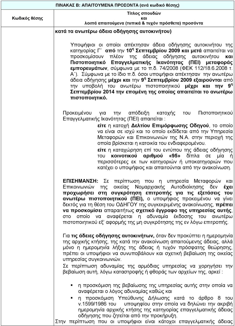 Ικανότητας (ΠΕΙ) μεταφοράς εμπορευμάτων, σύμφωνα με το π.δ.