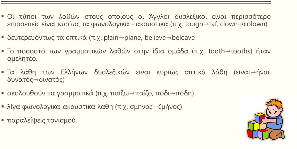 plain plane, believe beleave Το ποσοστό των γραμματικών λαθών στην ίδια ομάδα (π.χ. tooth tooths) ήταν αμελητέο.