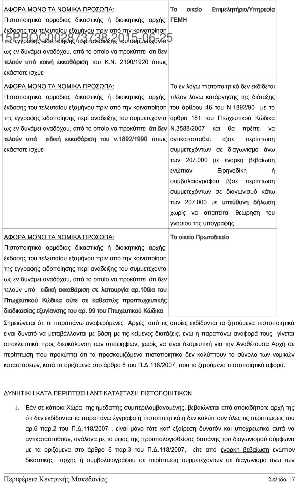 2190/1920 όπως εκάστοτε ισχύει ΑΦΟΡΑ ΜΟΝΟ ΤΑ ΝΟΜΙΚΑ ΠΡΟΣΩΠΑ: Πιστοποιητικό αρμόδιας δικαστικής ή διοικητικής αρχής, έκδοσης του τελευταίου εξαμήνου πριν από την κοινοποίηση της έγγραφης ειδοποίησης