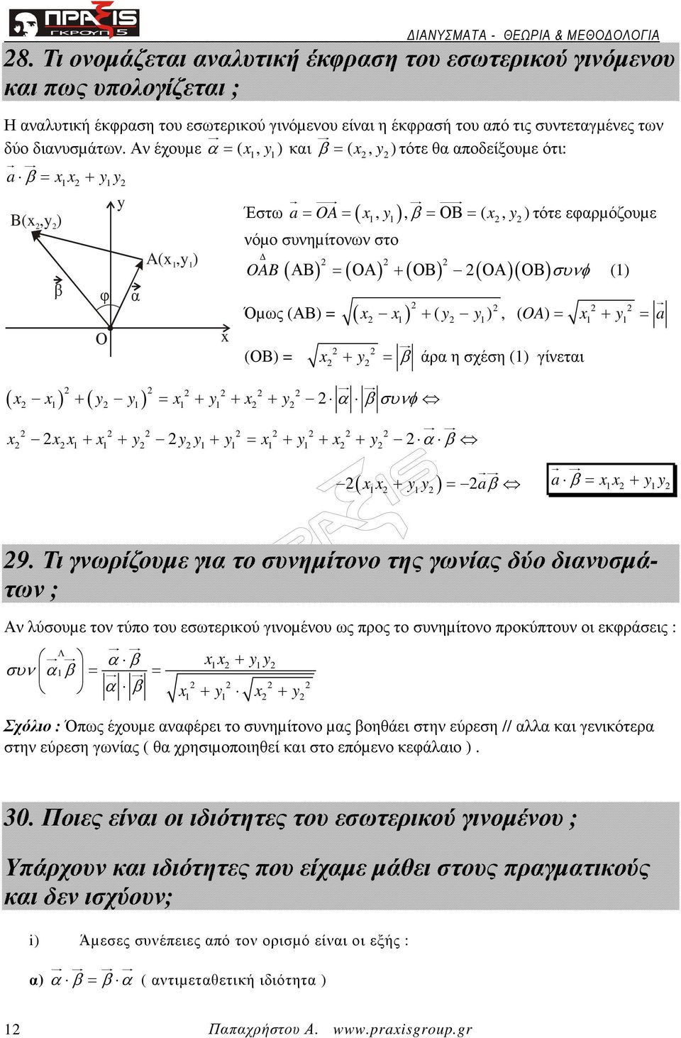 Αν έχουµε = ( x1, y1) κι = ( x, y) τότε θ ποδείξουµε ότι: a = x1x + y1y y (x,y) Έστω a = O= ( x1, y1), = ΟΒ = ( x, y) τότε εφρµόζουµε νόµο συνηµίτονων στο (x,y) O 1 1 ( ΑΒ ) = ( ΟΑ ) + ( ΟΒ) ( ΟΑ)(